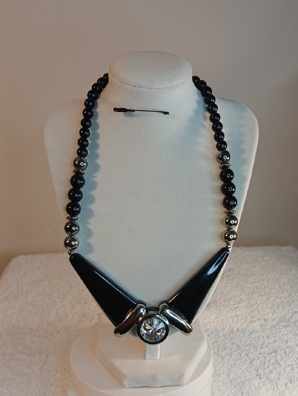 Statement Black Beaded Necklace with Crystal Accent